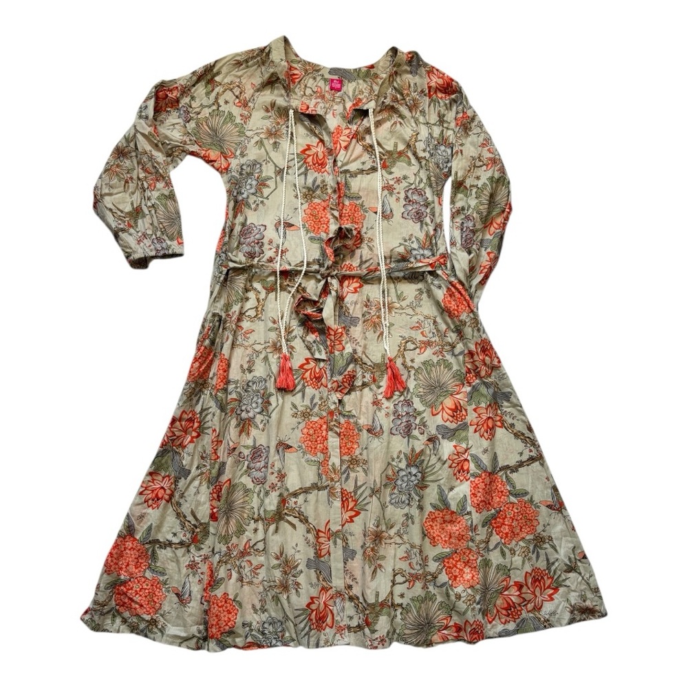 Raj Vibrant Floral Shirt-Dress with Tassels, Pockets 100% Cotton A-Line Midi